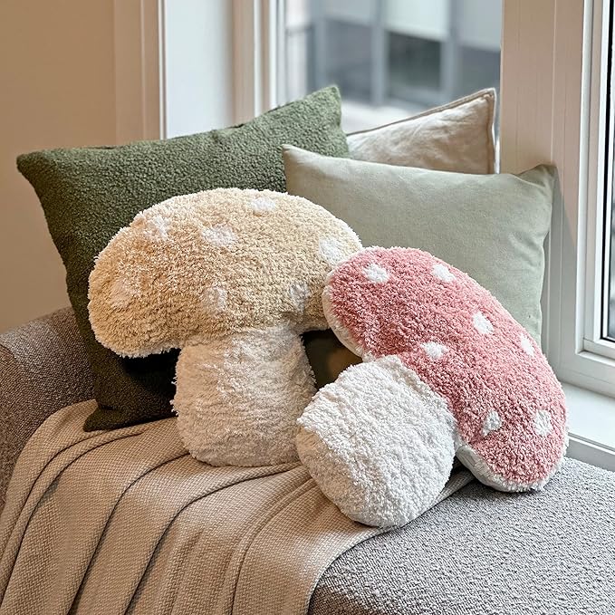 Tufted Mushroom Shape Decorative Cushion - 15' x 15' Mushroom Decor for Bed, Couch, Living Room (Pink)
