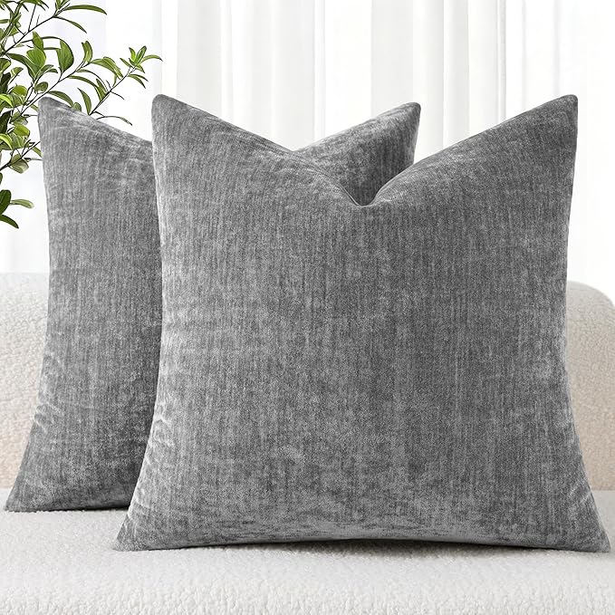 decorUhome Chenille Dark Grey Throw Pillow Covers 18x18 Inch Set of 2, Decorative Soft Couch Pillow Covers Solid Dyed Accent Velvet Farmhouse Neutral Square Pillow Cases for Sofa Bed Living Room