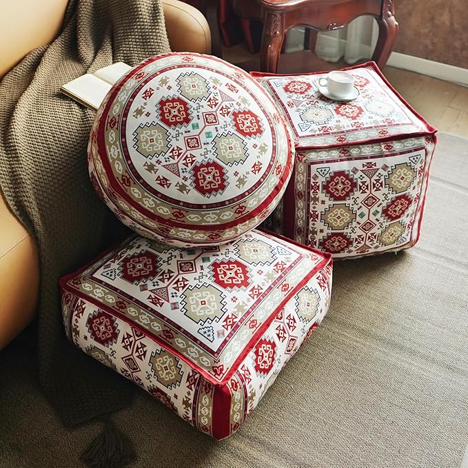 Unstuffed Pouf Cover Ottoman Footrest Bohemian Chenille Foot Stool Floor Bean Bag 20x8 Inches for Living Room Bedroom Home Decor (Red, Round)