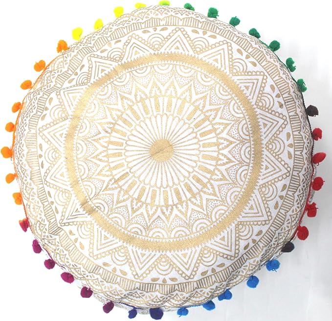CRAFT KALA Gold Large Hippie Mandala Meditation Floor Ottoman Pillow Cushion Pouf Cover Square Poufs Bohemian Circle Floor Cushion Case Outdoor Fireplace Yoga Living Room Decor Cover 18" Round