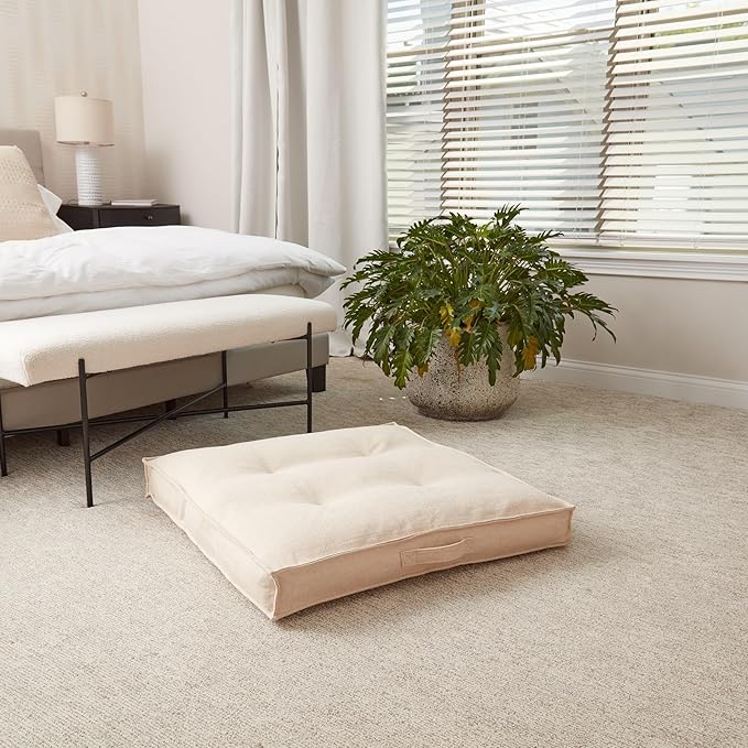 Square Tufted Floor Pillow with Removable Cover, Cream, Medium (32")