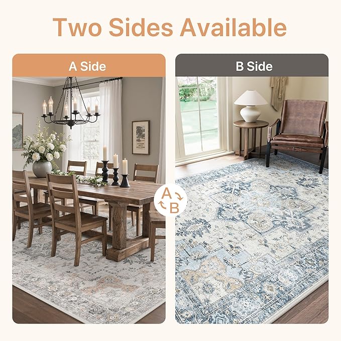 GENIMO 6x9 Reversible Area Rugs for Living Room, Machine Washable Rug with Pad, Non Slip Vintage Rug, Low Pile Lightweight Chenille Print Carpet for Bedroom Dining Room Home Office, Taupe & Blue