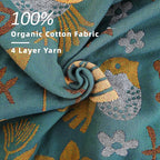 Boho Throw Blanket, 100% Organic Cotton Breathable Ultra Soft 50" x 60" Bed Quilt Throw - Floral Rustic Bird Farmhouse Decor Luxury Reversible Blanket for Sofa Couch Chair and Gift,Teal/Beige