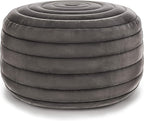 SIMPLIHOME Vivienne Boho Round Pouf in Grey Velvet Fabric for the Living Room, Bedroom and Kids Room