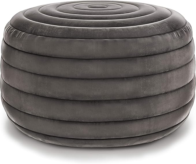 SIMPLIHOME Vivienne Boho Round Pouf in Grey Velvet Fabric for the Living Room, Bedroom and Kids Room