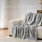 DOWN HOME Chenille Cotton Throw Blanket for Couch, Lightweight Boho Blanket for Bed Sofa Chair Living Room Outdoor Soft Woven Decorative Blanket with Tassel Gift Grey Leaves 50"x70"