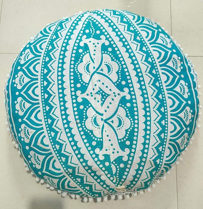 CRAFT KALA Mandala Floor Pillow Cushion Cover Seating Throw Cover Hippie Decorative Bohemian Ottoman Poufs Pom Pom Pillow Cases Boho Indian Cotton Living Room Yoga Home Décor (24" Round, Green Ombre)