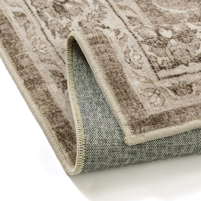 6x9 Area Rug Brown Washable Living Room Vintage Carpet Bedroom Distressed Large Non Slip Low Pile Thin Dining Room Office Medallion Accent Throw Rug
