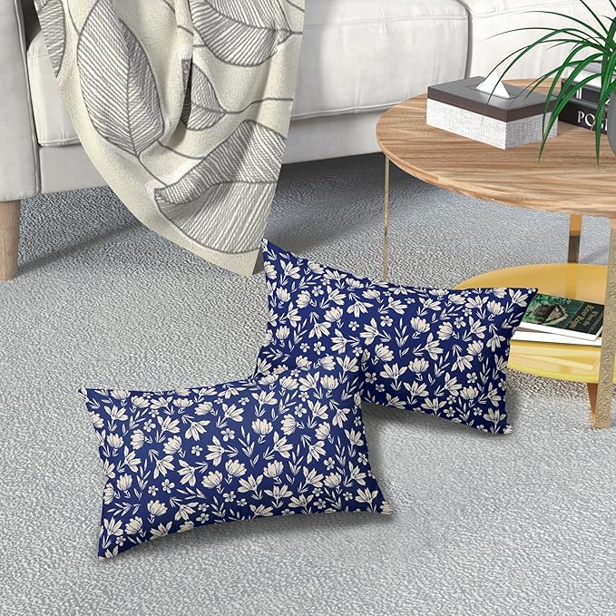 Navy Blue Pillow Covers 12x20 Set of 2 Vintage Floral Rustic Old Style Cute Flower Print Rectangle Decorative Outdoor Pillowcases Seasonal Farmhouse Throw Cushion Case Couch Sofa Bed Decor