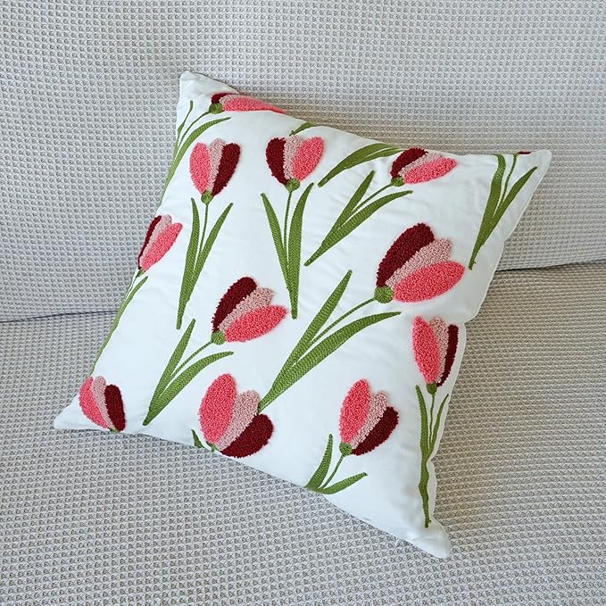 vctops Tulip Floral Embroidered Pillow Covers 18x18 Inch Spring Summer Cotton Tufted Throw Pillow Cover Outdoor Garden Cushion Case for Sofa, Bed, Living Room (Flower E,18"x18")