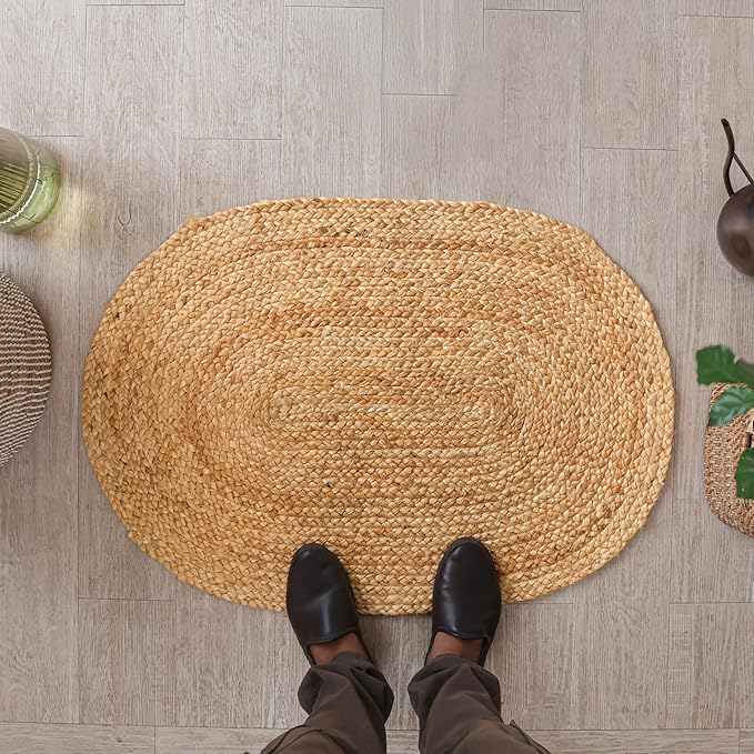 HOMEMONDE Reversible Oval Jute Area Rug - Hand Woven Natural Fiber - Farmhouse Braided Rugs for Entryway/Front Door/Porch/Meditation Mat/Home Decor (2.3 x 4 ft, Natural)