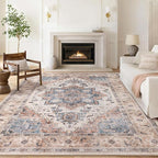 Washable Rug 10x12 Area Rugs: Boho Vintage Distressed Oriental Medallion Neutral Thin Large Rug Carpet for Living Room Bedroom Dining Room Home Office Decor - Camel