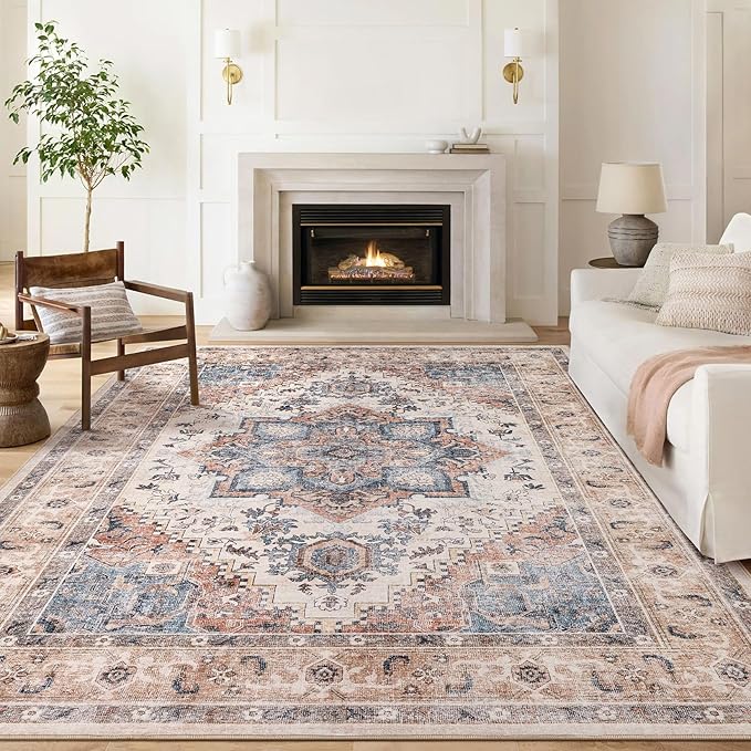 Washable Rug 10x12 Area Rugs: Boho Vintage Distressed Oriental Medallion Neutral Thin Large Rug Carpet for Living Room Bedroom Dining Room Home Office Decor - Camel
