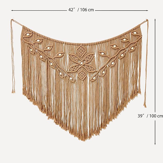 Youngeast Home Decor Leaf Shape Macrame Wall Hanging Woven Tapestry Bedroom Curtain Fringe Garland Banner Living Room Wall Decor Brown 39X31 inches