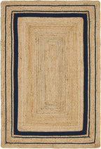 Unique Loom Braided Jute Collection Classic Quality Made Natural Hand Woven with Coastal Design Area Rug (4' 0 x 6' 0 Rectangular, Natural/ Navy Blue)
