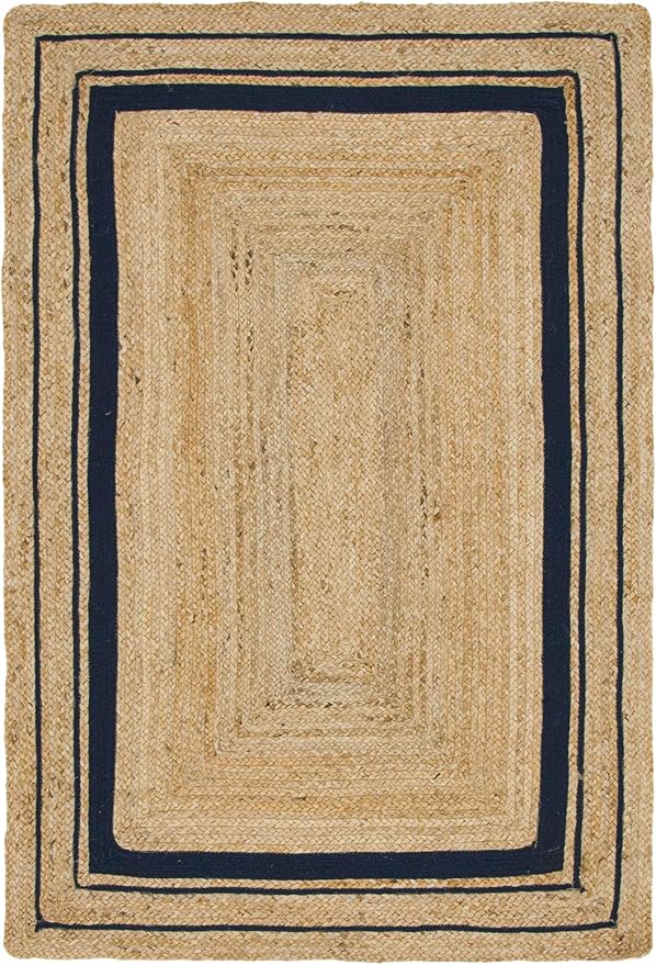 Unique Loom Braided Jute Collection Classic Quality Made Natural Hand Woven with Coastal Design Area Rug (4' 0 x 6' 0 Rectangular, Natural/ Navy Blue)