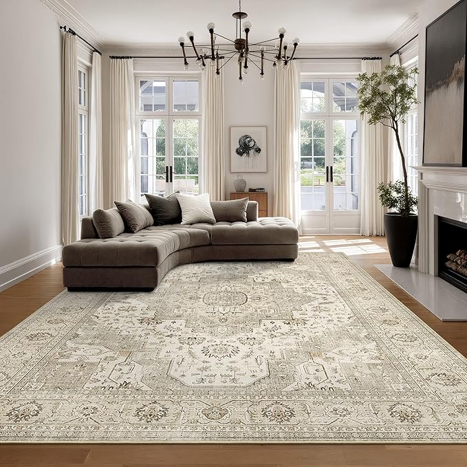 Washable Rugs 9x12, Large Area Rugs 9x12 Living Room with Non-Slip Backing, Super-Soft Floral Vintage Rug, Low Pile Area Rug for Bedroom, Dining Room, Office (Ivory/Beige, 9'x12')