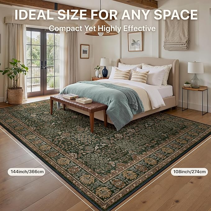 Bavni Washable Rugs 9x12-Machine Washable Rug Lightweight Low Pile, Vintage Floral Rug Non-Shedding Distressed Throw Carpet for Living Room Bedroom Office, Dark Green/Multi