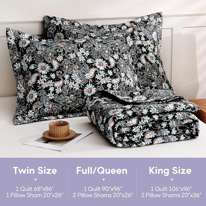 JSD Black Paisley Floral Quilt Set Full Queen, 3 Piece Printed Bedspreads Coverlet with Pillow Sham, Soft Microfiber Quilted Blanket