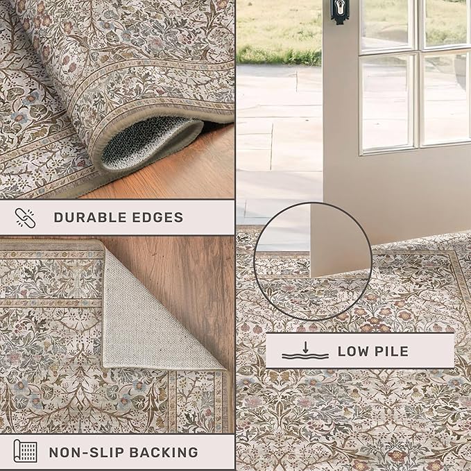 Washable 10x14 Living Room Rug - Moss Green Large Area Rug for Dining Room Under Table, Low Pile Non-Slip Floor Carpet for Bedroom Under Bed - Neutral Taupe Design & Stain Resistance