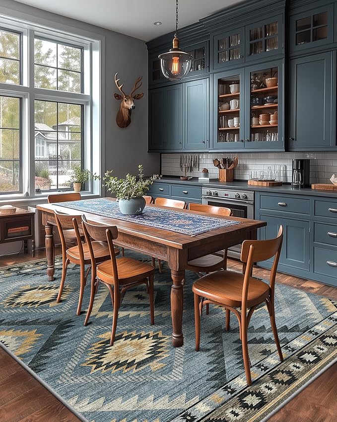 Area Rug 6x9 Rug Machine Washable Rug Non-Slip Low Pile Print Pattern Western Rug for Living Room Bedroom Entryway Tribal Series -Navy/Grey