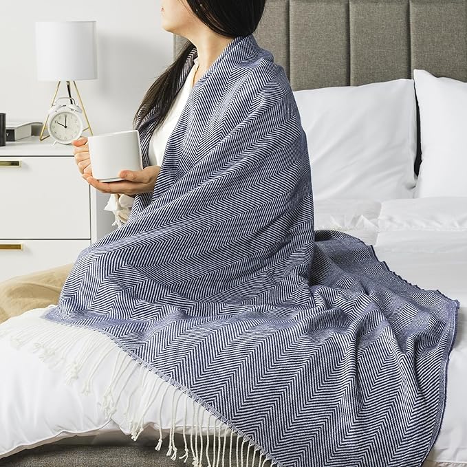 PAVILIA Herringbone Blanket Throw with Fringe,Faux Cashmere Knitted Throw with Tassels for Couch Bed,Decorative Farmhouse Soft Lightweight Plush Fuzzy Cozy,50x60,Herringbone - Navy Blue