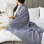 PAVILIA Herringbone Blanket Throw with Fringe,Faux Cashmere Knitted Throw with Tassels for Couch Bed,Decorative Farmhouse Soft Lightweight Plush Fuzzy Cozy,50x60,Herringbone - Navy Blue