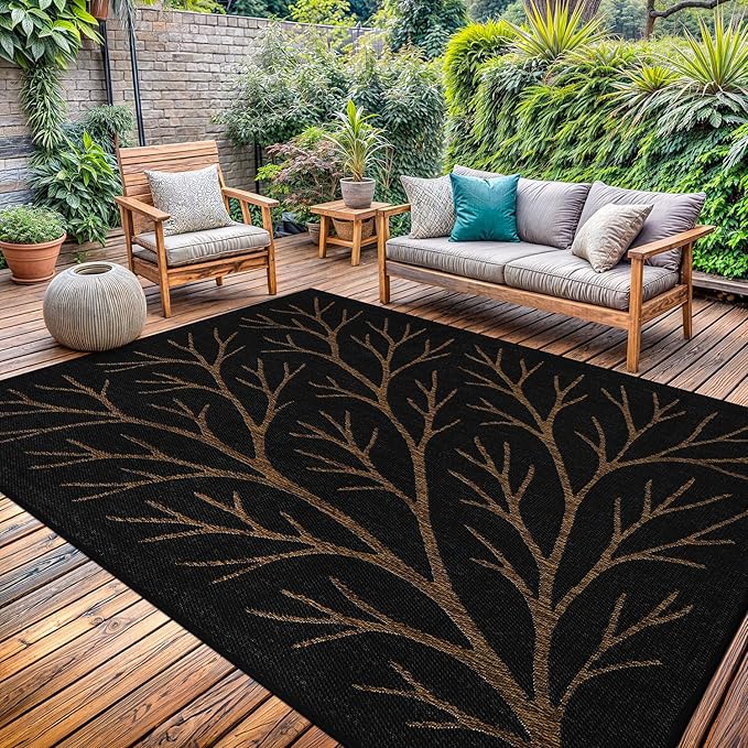 Washable Indoor Outdoor Rug 9x12 Modern Area Rugs Branch Pattern Non Shedding Waterproof Easy Clean Patio Deck Porch Living Room Bedroom Garden RV (9 X 12 Gold)