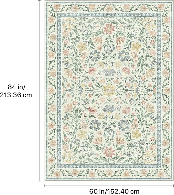 GENIMO 5x7 Washable Area Rug, Non-Slip Vintage Boho Floral Carpet, Soft Low-Pile Thin Bedroom Rug for Living Room, Dining Room, Nursery, Green
