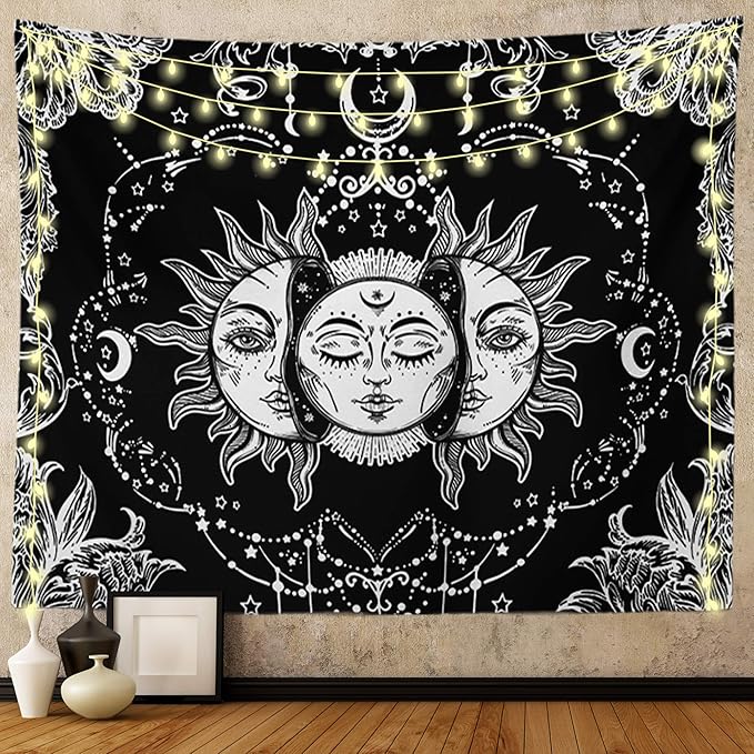 Ftuency Sun and Moon Tapestry, Black and White Tapestries Mystic Burning Sun with Star Wall Hanging decor for Bedroom(82.7" W x 59.1" L)