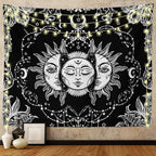 Ftuency Sun and Moon Tapestry, Black and White Tapestries Mystic Burning Sun with Star Wall Hanging decor for Bedroom (59" W x 51" L)