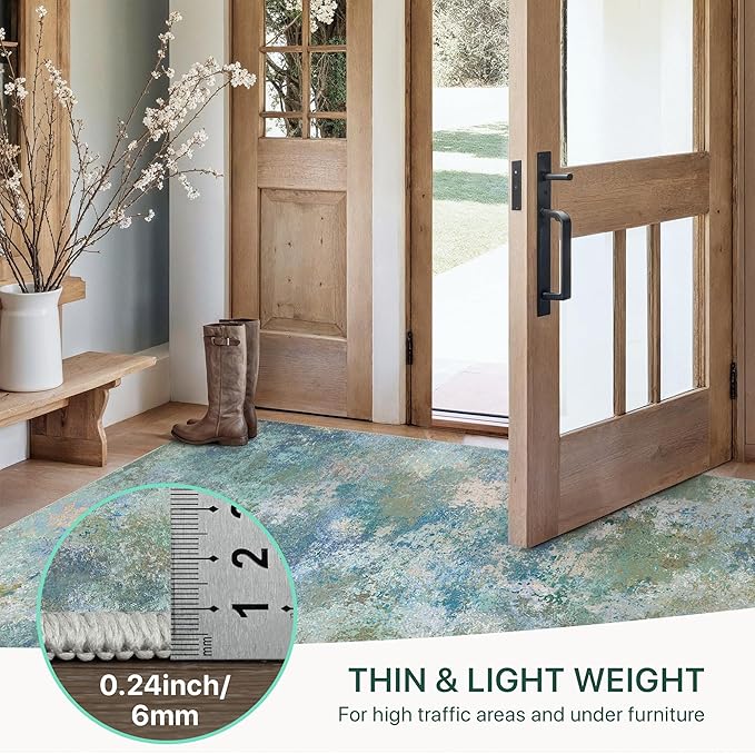 GENIMO Washable Rugs 9x12 Area Rugs for Living Room Bedroom, Modern Lightweight Rug Ultra Soft Indoor Area Rugs 9x12 for Dining Room, Low Pile Carpet with Non Slip Backing, Blue Green