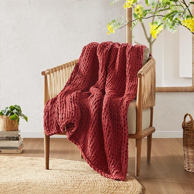 Madison Park Boho Throw Blanket, Soft Blanket Handmade Gift Home Decor, Lightweight & Breathable All Seasons Spring Chunky Knit Blanket, Knitted Throw for Couch, Bed Blanket, 50"x60" Red