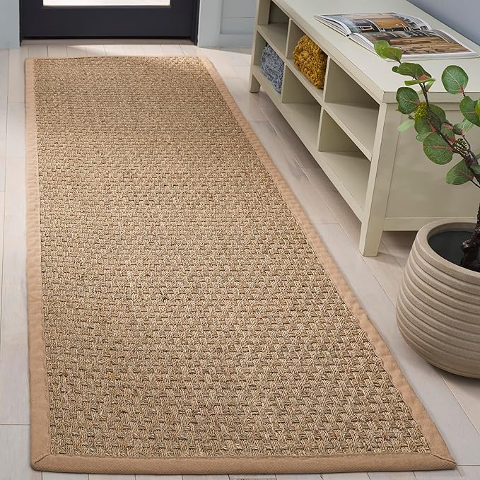 SAFAVIEH Natural Fiber Collection Runner Rug - 2'6" x 6', Natural & Beige, Seagrass, Basketweave Pattern with Border (NF114A)