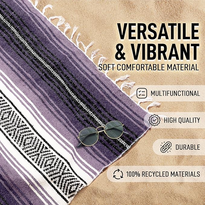 Hydration Nation Authentic Large Handwoven Mexican Blanket - Soft Yoga- Durable Serape- Lightweight Falsa, Beach, Camping, Picnic, Outdoor Blanket 70"x50" - Lavender Jade