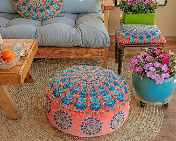Orange Round Velvet Pouf Cover - Soft Embroidered Ottoman Slipcover with Moroccan Design, 24 Inch Diameter, Ideal for Living Room, Bedroom, or Meditation Space - Decorative Floow Pillow Cushion