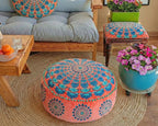 Orange Round Velvet Pouf Cover - Soft Embroidered Ottoman Slipcover with Moroccan Design, 24 Inch Diameter, Ideal for Living Room, Bedroom, or Meditation Space - Decorative Floow Pillow Cushion
