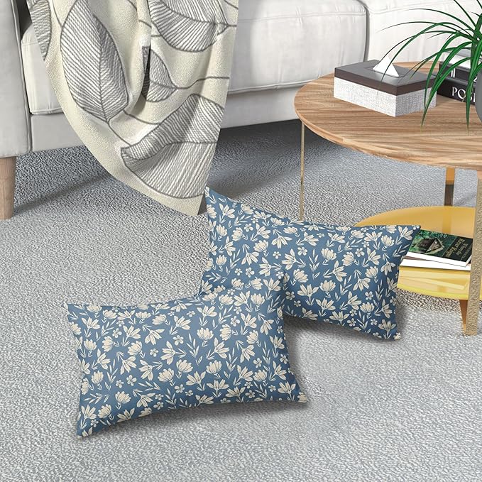Light Blue Pillow Covers 12x20 Set of 2 Vintage Floral Rustic Old Style Cute Flower Print Rectangle Decorative Outdoor Pillowcases Seasonal Farmhouse Throw Cushion Case Couch Sofa Bed Decor