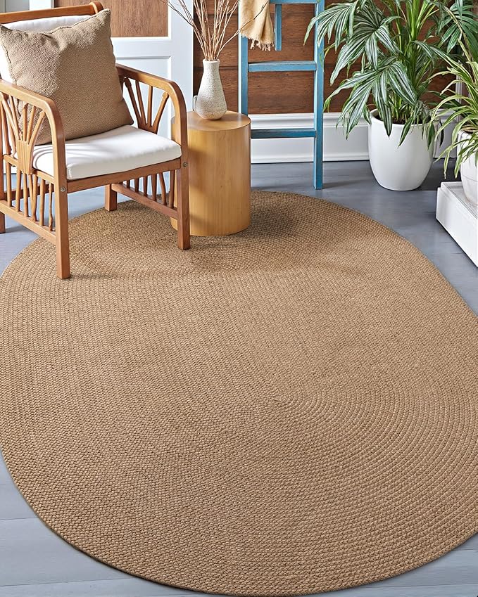 DEXI Easy Jute Area Rug Natural Fiber 4x6 Oval, Woven Braided Durable Farmhouse Design Rugs for Living Room, Bedroom Dinning Room Office Outdoor Patio, Tan Brown