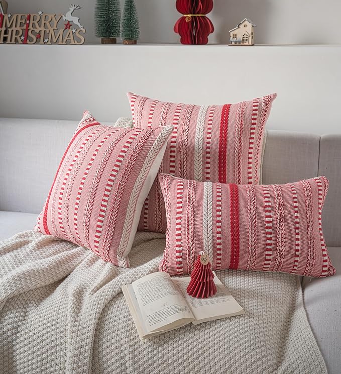 Christmas Pillow Covers 20x20 Inch Set of 2, Farmhouse Boho Christmas Decoration Couch Pillow Cases, Red Accent Pillows of Bed, Sofa Bedroom Living Room Home Decor Cushion Cover