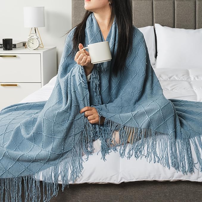 PAVILIA Dusty Blue Knit Throw Blanket for Couch, Twin Bed, Soft Knitted Farmhouse Sofa Throw for Living Room, Lightweight Decorative Summer Blanket for Chair, Outdoor Textured Boho Blanket, 60x80