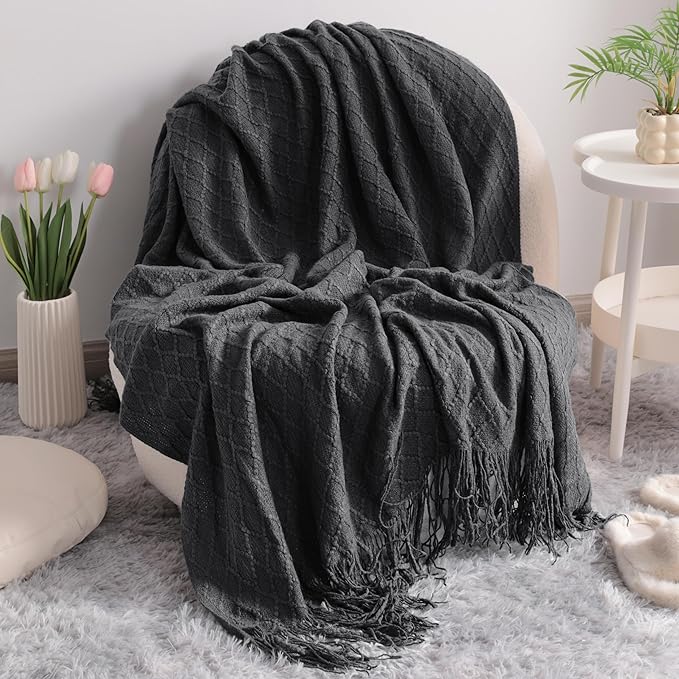 NTBAY Acrylic Knitted Oversized 60x80 Twin Throw Blanket, Lightweight and Soft Cozy Decorative Woven Blanket with Tassels for Travel, Couch, Bed, Sofa, 60x80 Inches, Dark Grey Checkered
