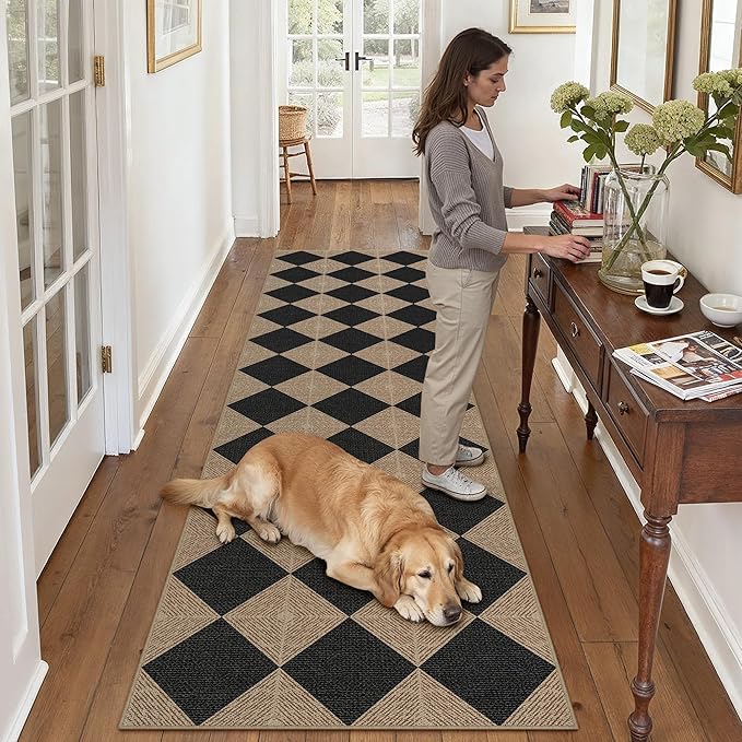 2x8 Checkered Easy Jute Runner Rug Non Slip Hallway Kitchen Washable Outdoor Rug for Entryway Indoor Checkerboard Black Long Indoor Outdoor Textured Diamond Carpet for Bedside Entry Porch