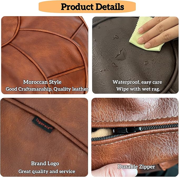 Thgonwid Round Unstuffed Pouf Cover, Leather Foot Stool Ottoman with Storage, Bean Bag Floor Chair, Multi Functional Footrest for Living Room, Bedroom or Balcony (Brown)