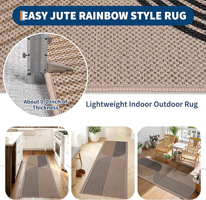 GarveeHome Easy Jute 2x6 Modern Rainbow Runner Rug for Hallway Kitchen Non Slip Indoor Outdoor Runner Door Mat for Laundry Porch