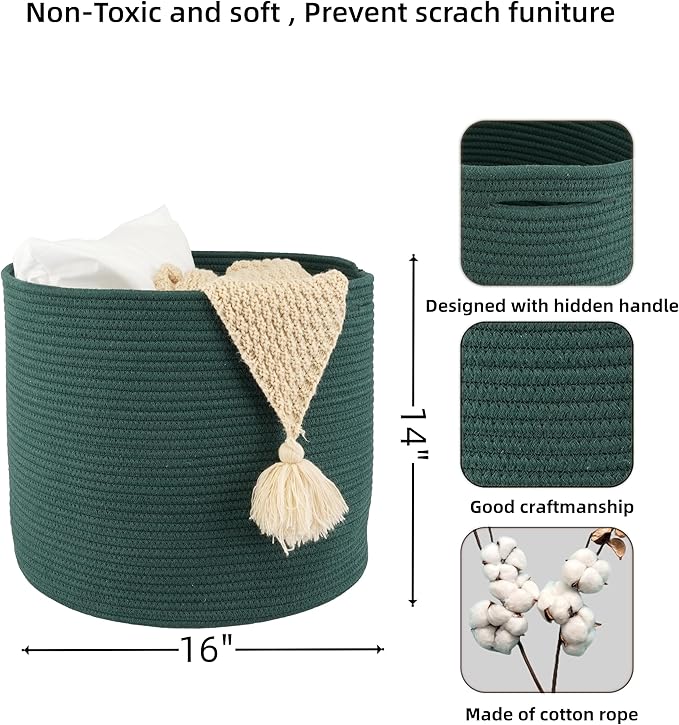 Cotton Rope Basket For Girls Boys Kids 16”X14” Baby Laundry Basket Nursery Bin Round Woven Baskets Organizer For Storage Toys Blankets Shoes Clothes dark green