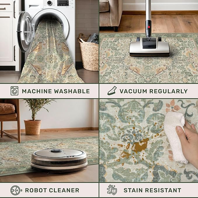 Large Entryway Rugs Indoor - 3x6 Sage Washable Soft Area Rugs for Kitchen, Bedroom Bedside, Living Room, Door Mat Indoor Entrance, Hallway, Beige Woodland Flowers, Non Slip Stain Resistant Low Pile