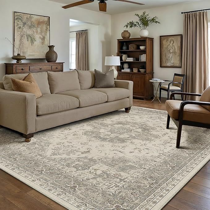 6x9 Washable Area Rug Beige Grey Vintage Distressed Large Rug for Living Room Oriental Soft Thin Indoor Retro Gray Carpet Non Slip Low Pile Floor Cover for Bedroom Dining Room Office Nursery
