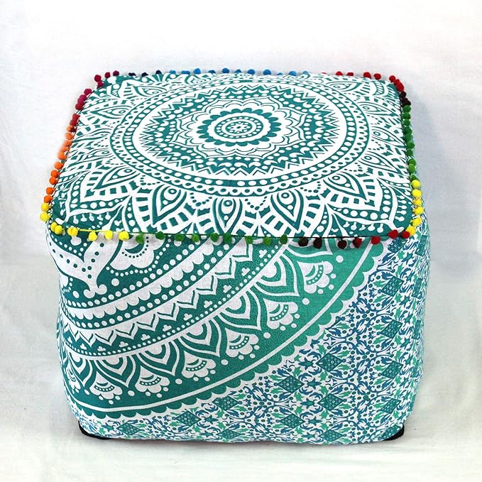 CRAFT KALA Mandala Meditation Floor Pillows Square Pillow Cover Seating Hippie Decorative Adults Bohemian Floor Cushion Cover Outdoor Living Room Throw Ottoman Poufs Cover 22X22X14 inches, Green Ombre