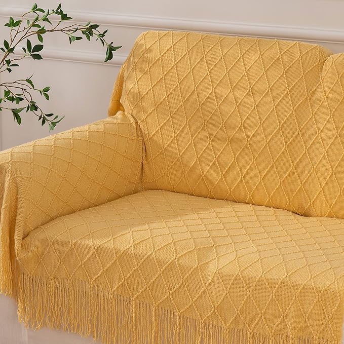 BATTILO HOME Mustard Throw Blanket with Fringe Geometric Bed Gold Yellow Throws Breathable Decorative Large Throw for Couch Sofa Indoor Outdoor (Mustard, 50"x60")